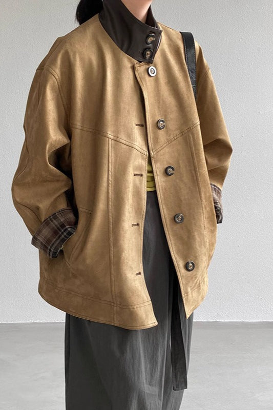 Lune London | Stand Collar Checked Leather Jacket