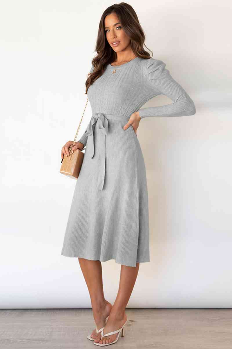 Lune London | Round Neck Long Sleeve Knot Waist Sweater Dress