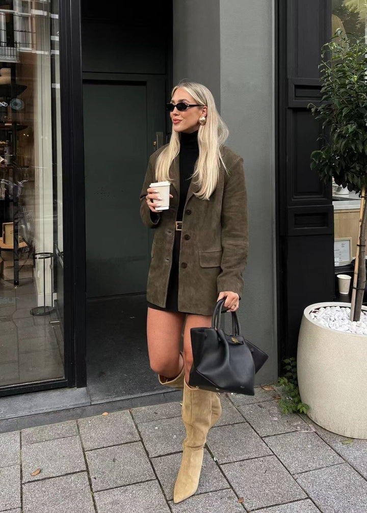 Lune London | Faux Suede Tailored Blazer in Deep Olive