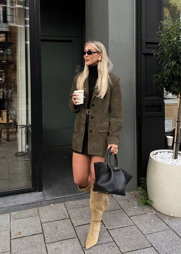 Lune London | Faux Suede Tailored Blazer in Deep Olive