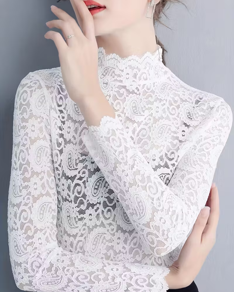 Lune London | Elegant Solid Color Half Neck Long Sleeve Lace