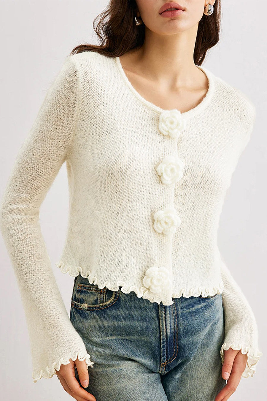Lune London | Slim, floral knit cardigan with ruffles