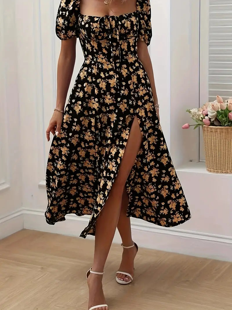 Lune London | Chic dress with puff sleeves in A-line style with floral print
