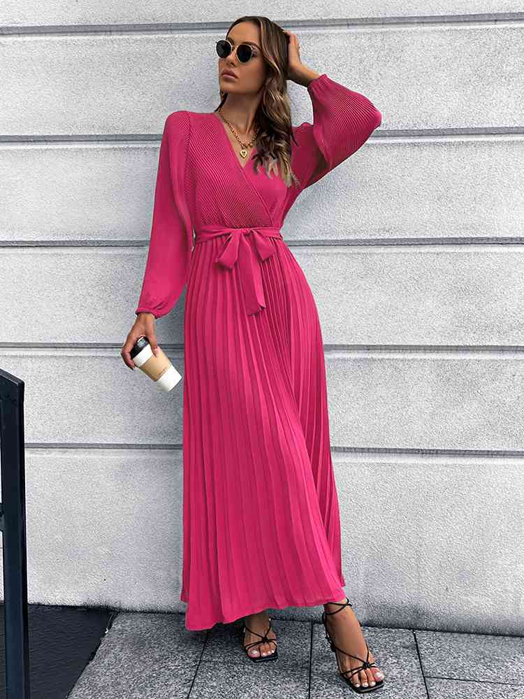 Lune London | V-neck Tie Belt Pleated Maxi Dress