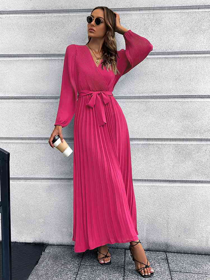 Lune London | V-neck Tie Belt Pleated Maxi Dress