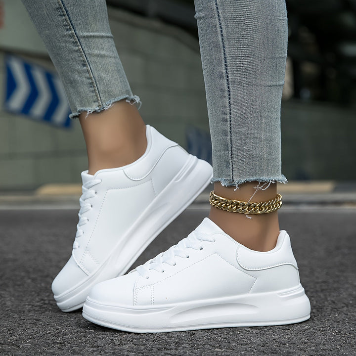 Chic und Stil | Clean White Leather Sneakers for Women, White