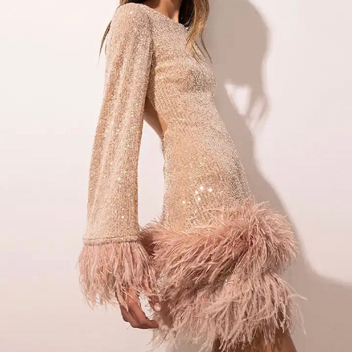 Lune London | Glamorous Dress with Sequins and Feather Hem