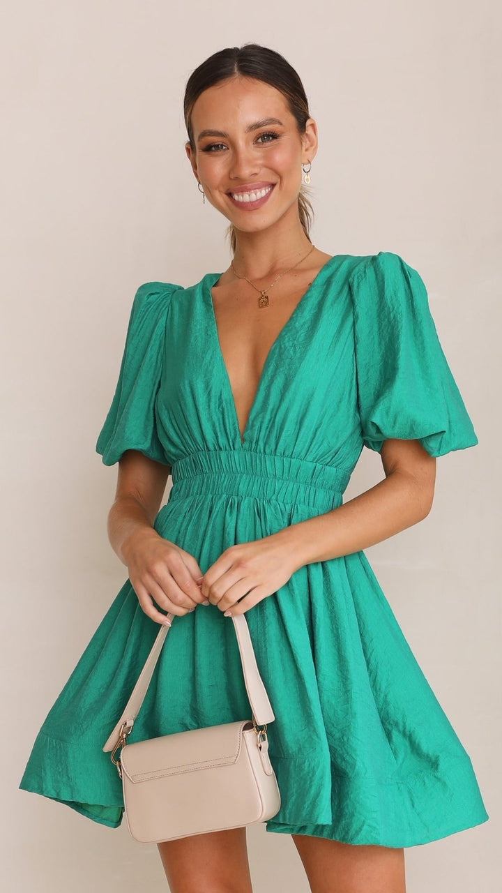 Lune London | Mini dress with V-neck and puff sleeves for women
