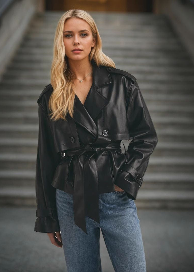 Lune London | Faux leather cropped belt trench coat