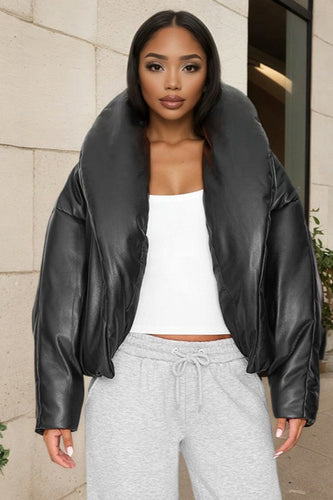 Lune London | Leather Stand Collar Cropped Puffer Jacket