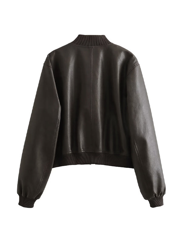 Lune London | Solid Color Leather Bomber Jacket