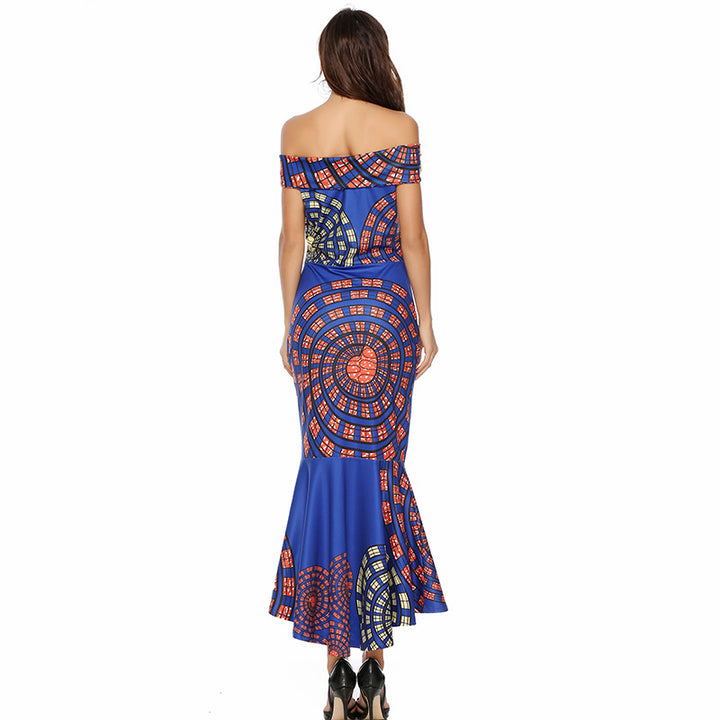 Women's Off-Shoulder Maxi Dress with Unique Pattern and Asymmetrical Hem Lune London