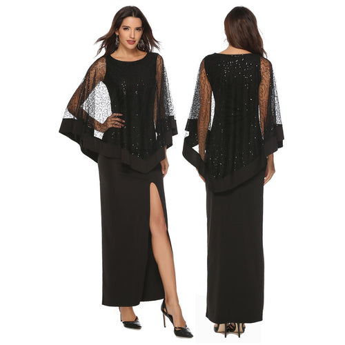 Ladies Elegant Evening Dress with Transparent Lace Sleeves and High Slit Lune London
