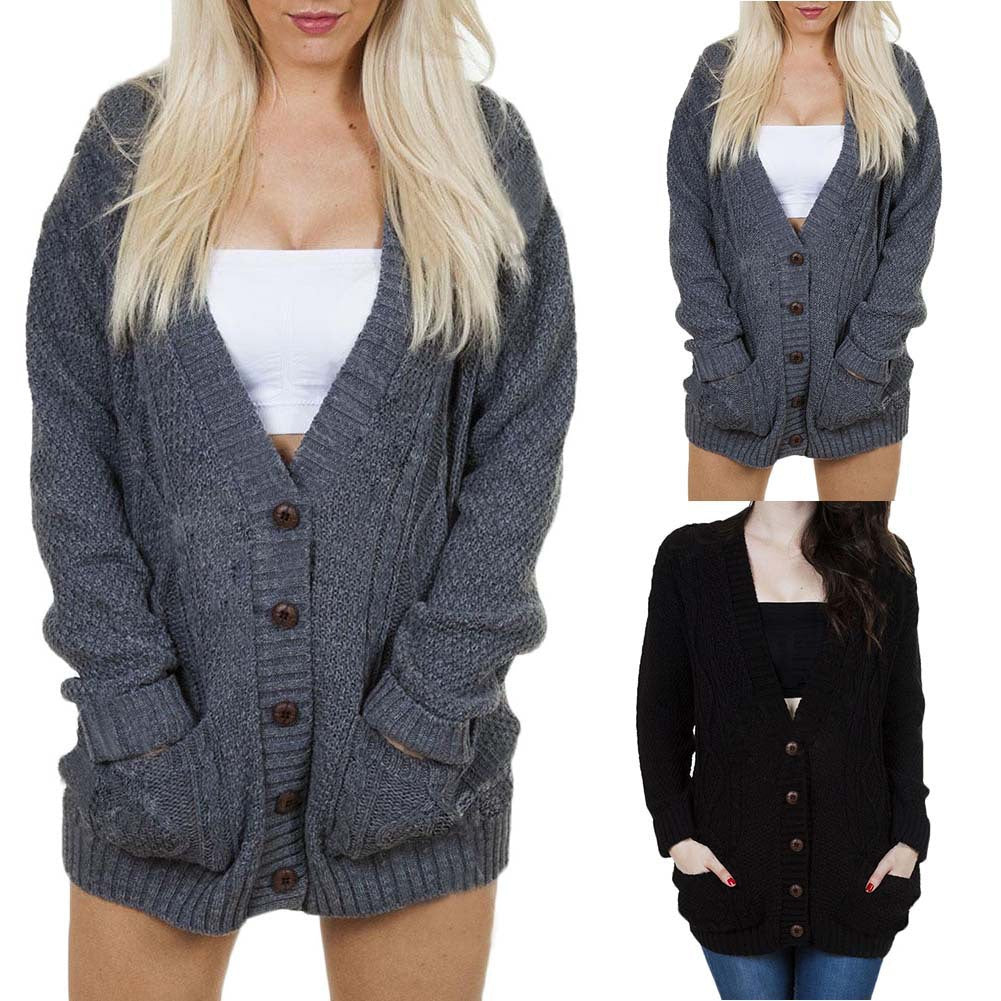 Chunky knit cardigan for women with button details and applied pockets Lune London