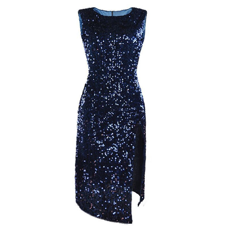 Women's Elegant Party Dress with Sparkling Sequin Trim and High Slit Lune London
