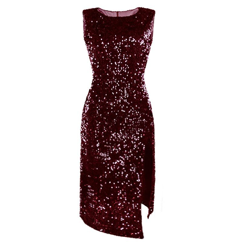 Women's Elegant Party Dress with Sparkling Sequin Trim and High Slit Lune London