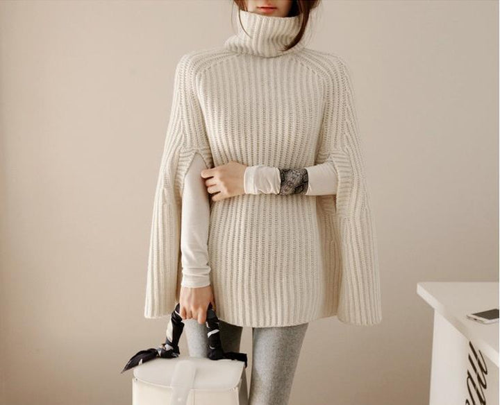 Knitted sweater for ladies with wide high collar and classic cape design Lune Londonl