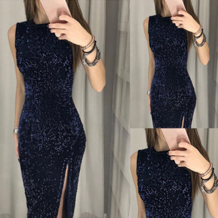 Women's Elegant Party Dress with Sparkling Sequin Trim and High Slit Lune London