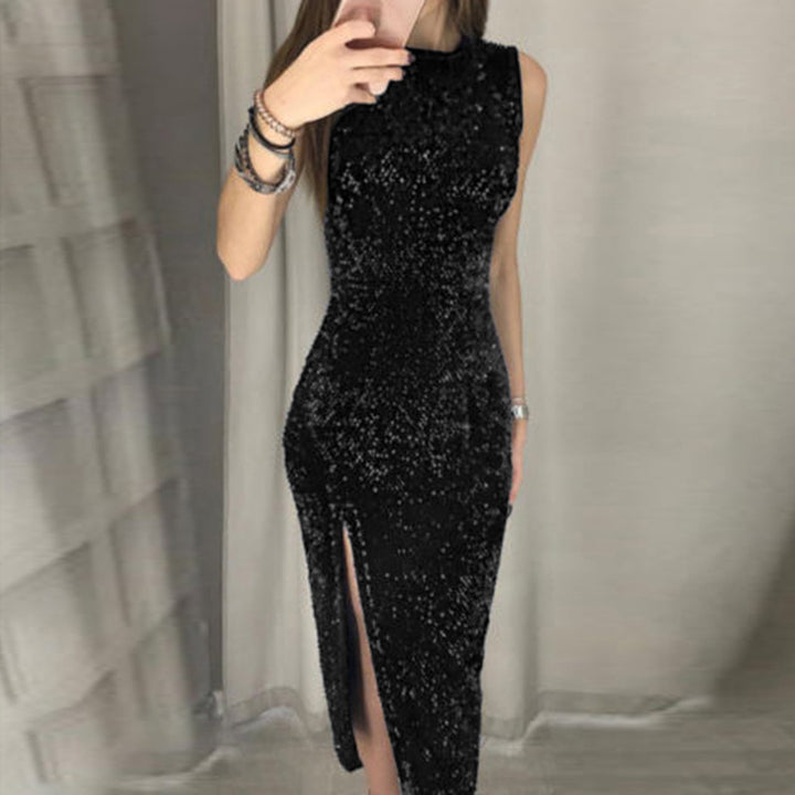 Women's Elegant Party Dress with Sparkling Sequin Trim and High Slit Lune London