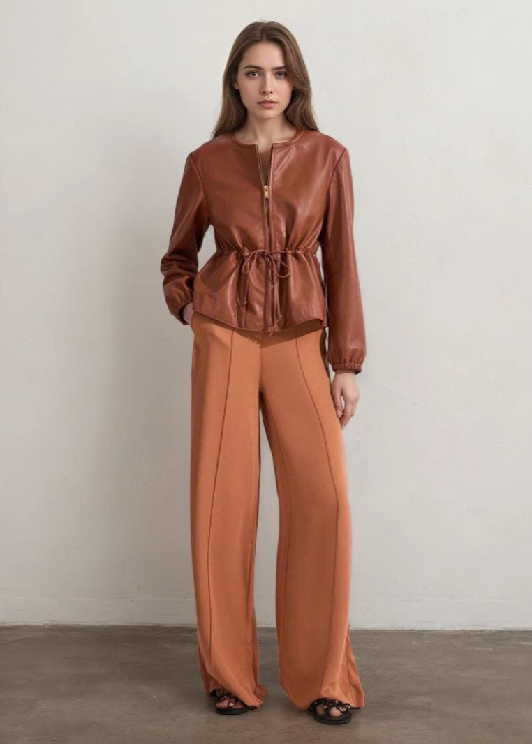 Lune London | Cognac Faux Leather Zip Jacket with Drawstring Waist