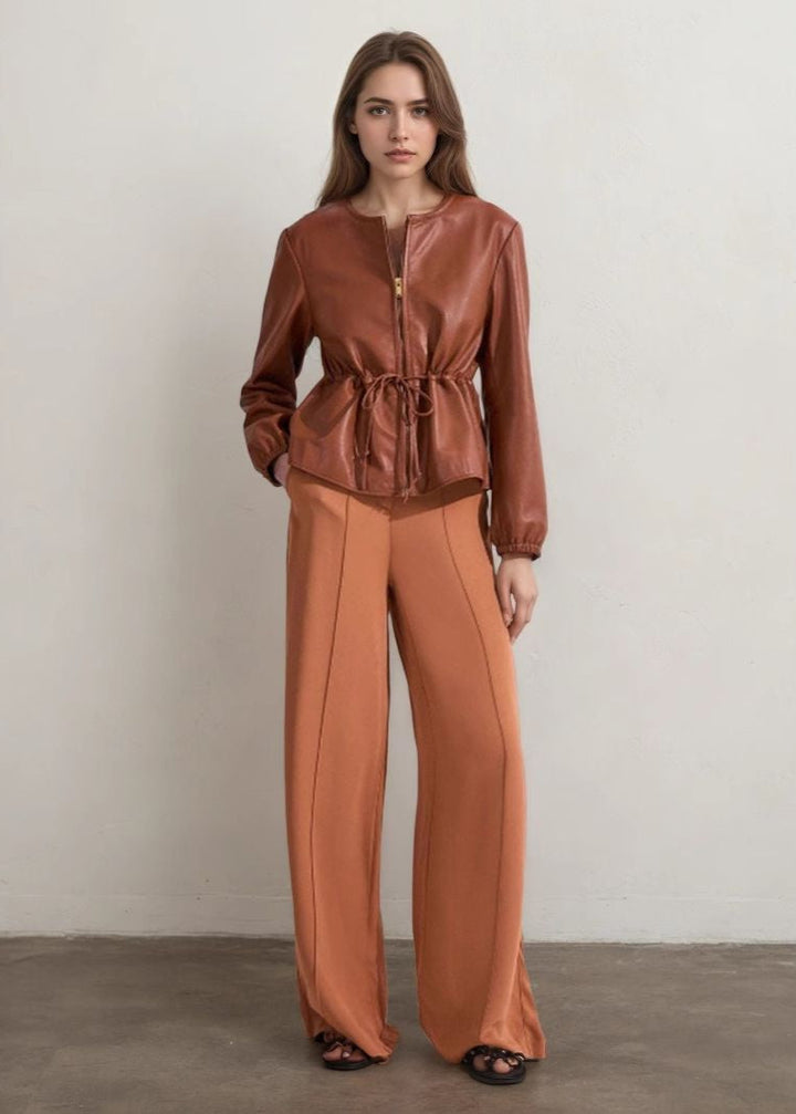 Lune London | Cognac Faux Leather Zip Jacket with Drawstring Waist