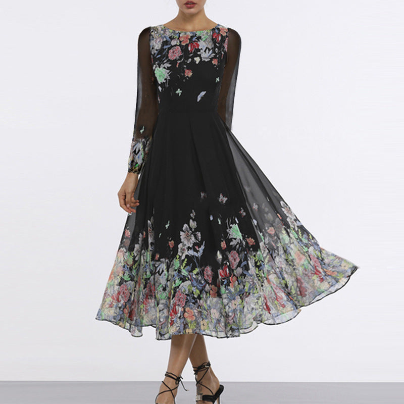 Women's Elegant Floral Maxi Dress with Sheer Sleeves and Flowing Cut Chic Und Stil