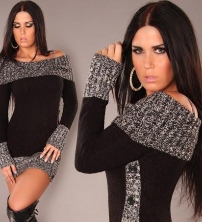 Ladies Elegant Knit Dress with Off-the-Shoulder Neckline and Button Details Lune London