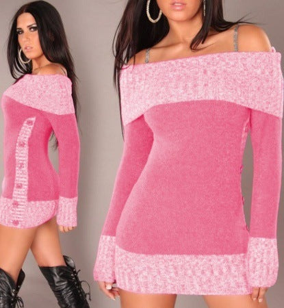 Ladies Elegant Knit Dress with Off-the-Shoulder Neckline and Button Details Lune London