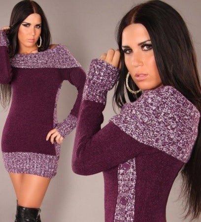 Ladies Elegant Knit Dress with Off-the-Shoulder Neckline and Button Details Lune London