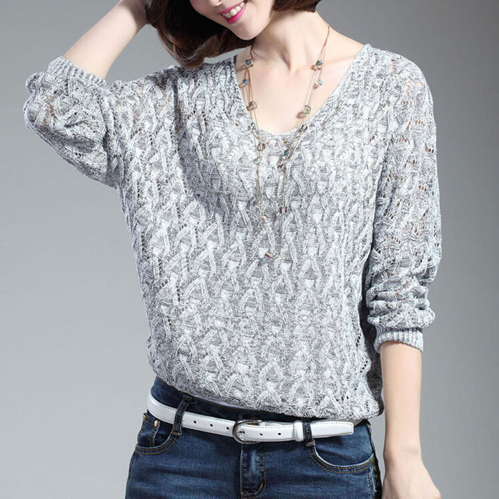 Casual knitted sweater for women with V-neck and airy mesh structure Lune London