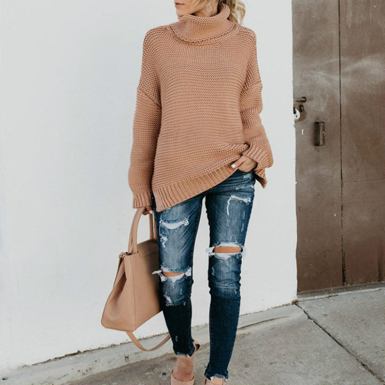 Thick knit pullover for women with high neck and trendy details Lune London