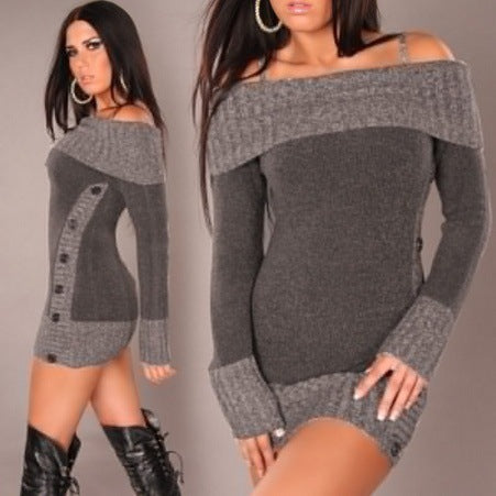 Ladies Elegant Knit Dress with Off-the-Shoulder Neckline and Button Details Lune London