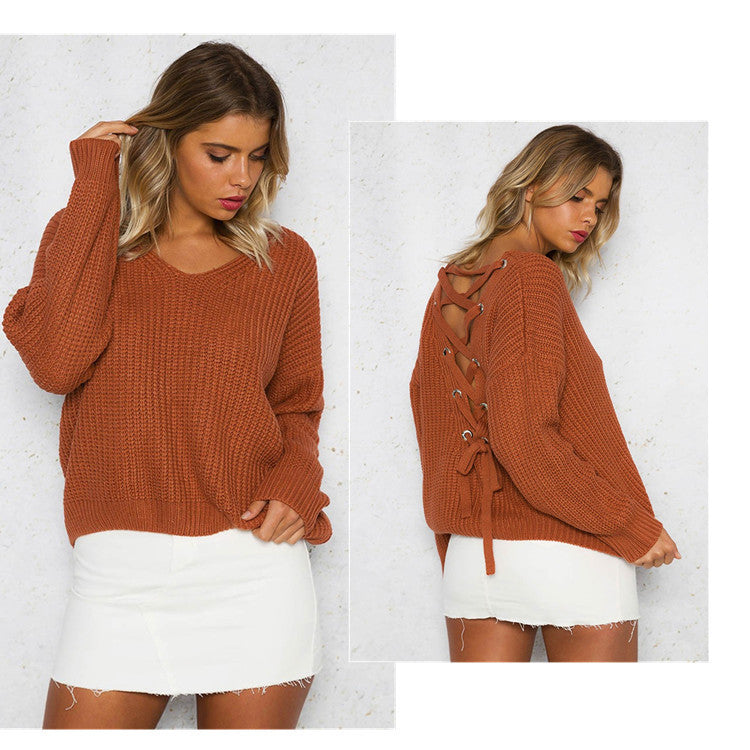 Knit sweater for women with embellished V-neck and drawstring Lune London
