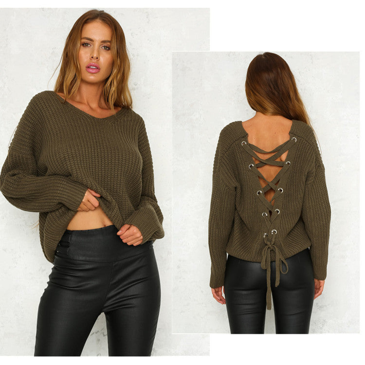 Knit sweater for women with embellished V-neck and drawstring Lune London