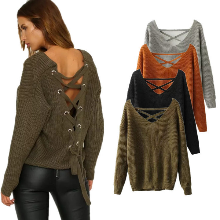 Knitted pullover for women with deep V-neck and decorative design at the back Lune London