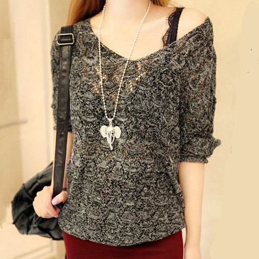 Knitted pullover for women with V-neck and airy hole structure Lune London