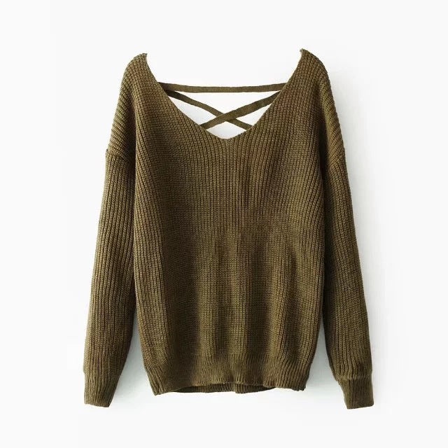 Knitted pullover for women with deep V-neck and decorative design at the back Lune London