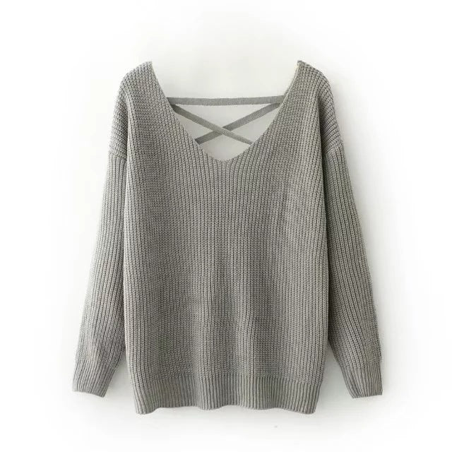 Knitted pullover for women with deep V-neck and decorative design at the back Lune London