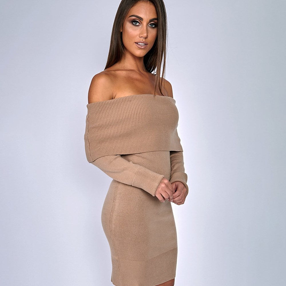 Knitted dress with off-shoulder design for women with long sleeves Lune London
