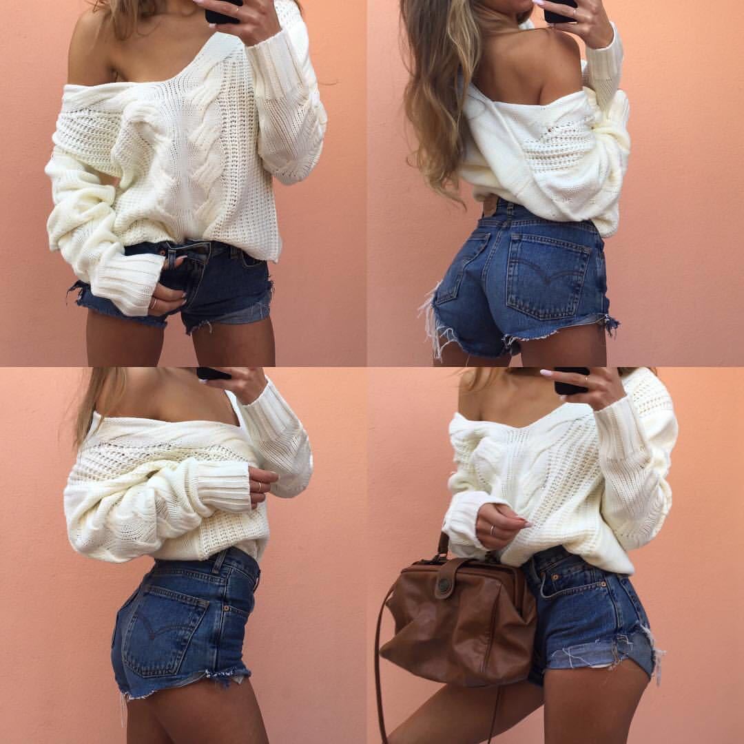 Ladies chunky knit sweater with off-shoulder and structured look Lune London