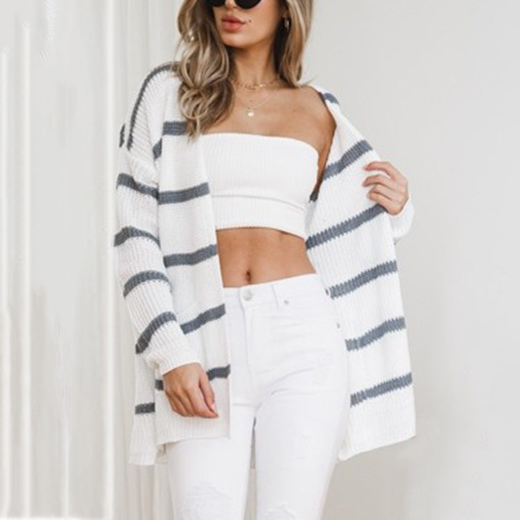Knitted cardigan for women with a casual striped design and open fronts Lune London
