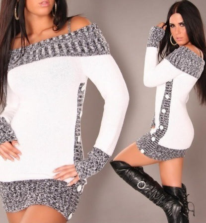 Ladies Elegant Knit Dress with Off-the-Shoulder Neckline and Button Details Lune London