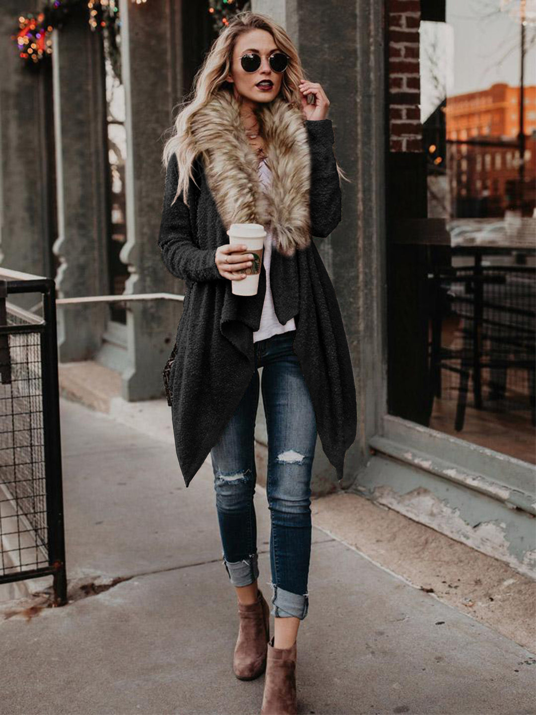 Ladies soft knit jacket with luxurious faux fur collar and asymmetrical cut Lune London
