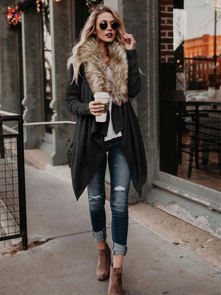 Ladies soft knit jacket with luxurious faux fur collar and asymmetrical cut Lune London