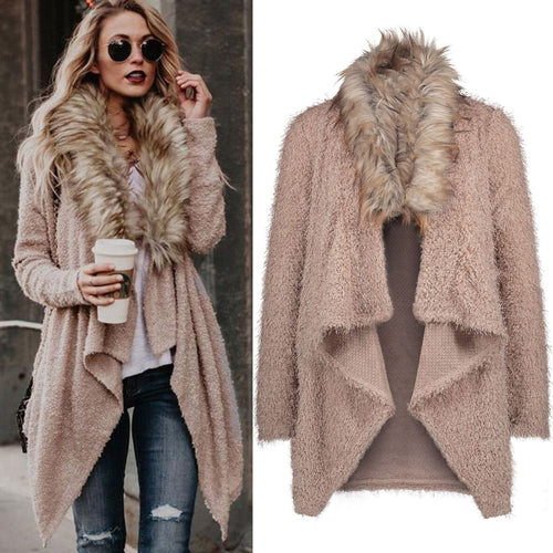 Ladies soft knit jacket with luxurious faux fur collar and asymmetrical cut Lune London