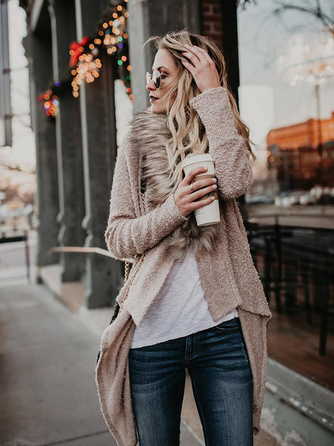Ladies soft knit jacket with luxurious faux fur collar and asymmetrical cut Lune London