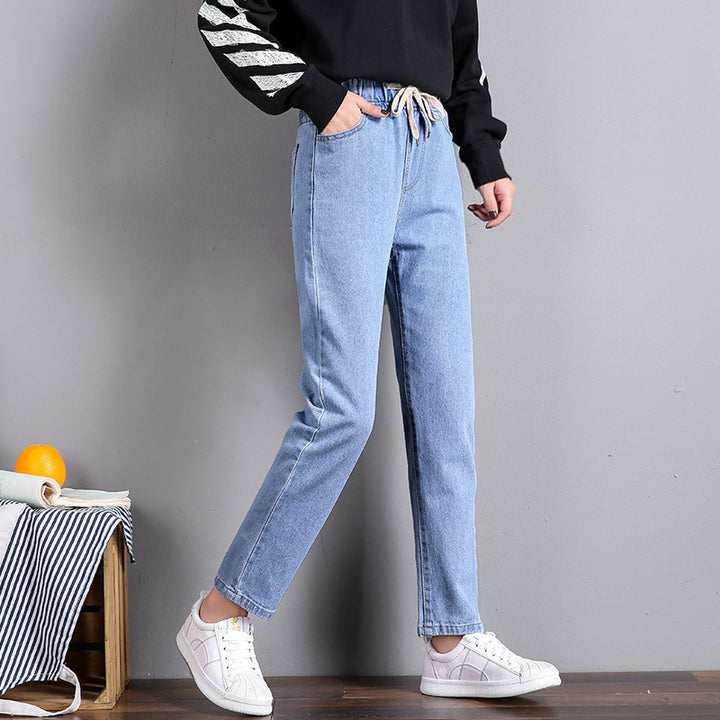 Ladies Comfortable Jeans with Elastic Waistband and Side Pockets