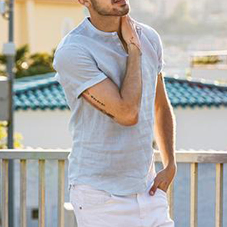 Men's Short Sleeve Cotton Henley Shirt with Modern Mock Neck Lune London