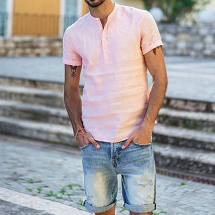Men's Short Sleeve Cotton Henley Shirt with Modern Mock Neck Lune London