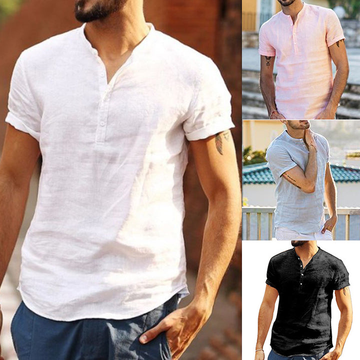 Men's Short Sleeve Cotton Henley Shirt with Modern Mock Neck Lune London